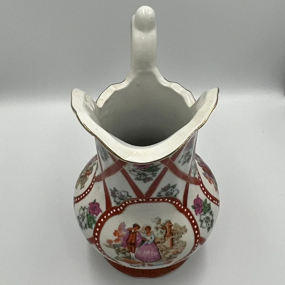 Limoges China Pitcher and Basin Set Large White Red Gold NWOT Courting‎ Couple